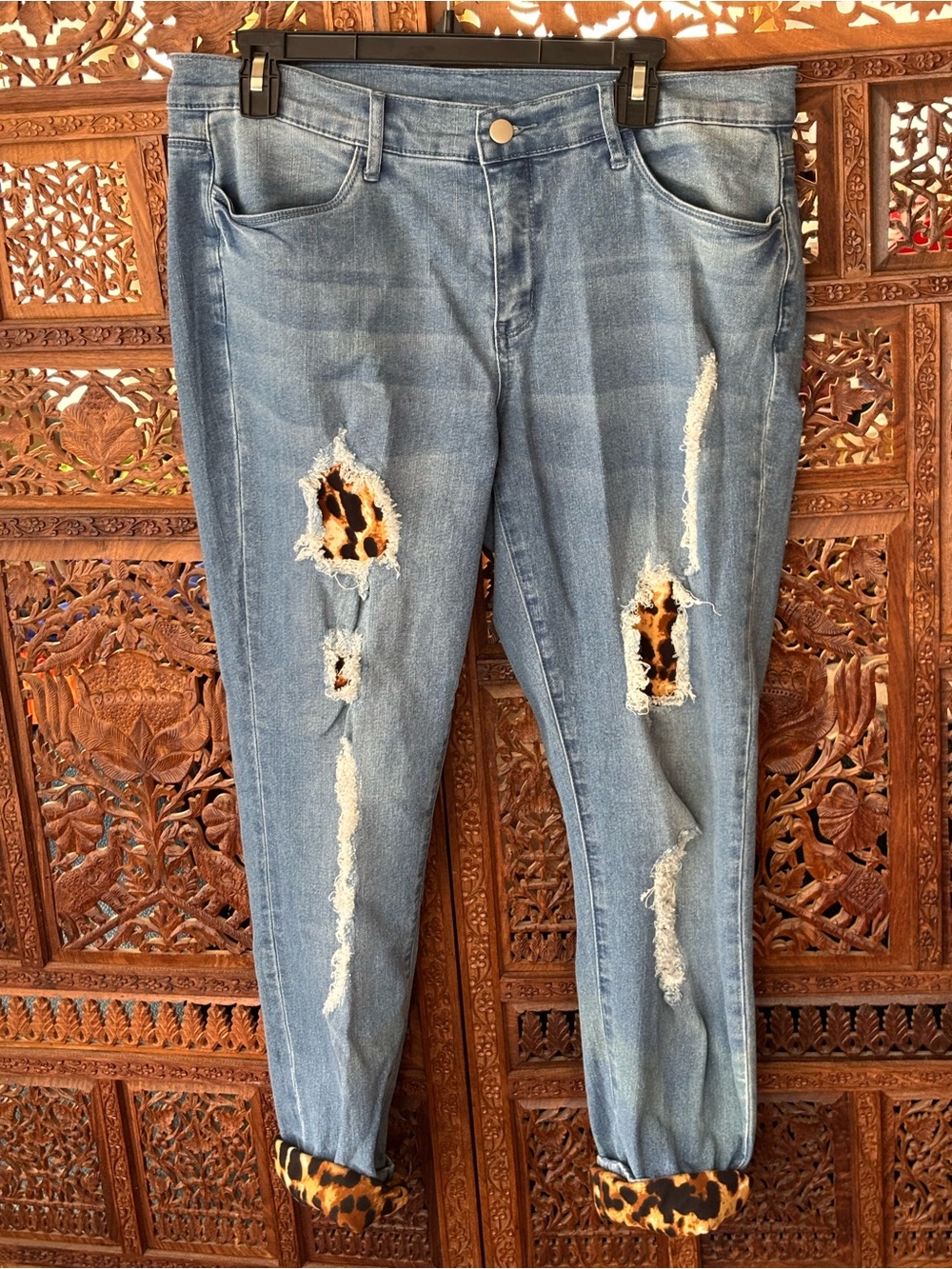 Blue Distressed Women's Jeans with Leopard Lining and Cuffs